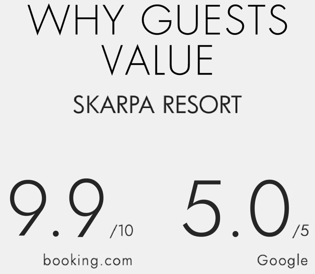 Guest ratings for SKARPA resort: 9.9 on Booking.com and 5.0 on Google